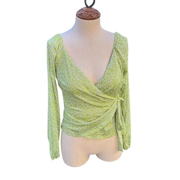 4si3nna Anthropologie Lime Green Floral Wrap Top Blouse Long Sleeve Size S - Picture 1 of 12